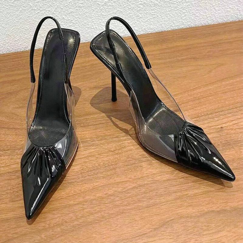 Fashion 2025 Pointy High Heels With New Temperament Transparent Pvc Patent Leather Black Sexy Overhead Sandals Women'S Single Shoes