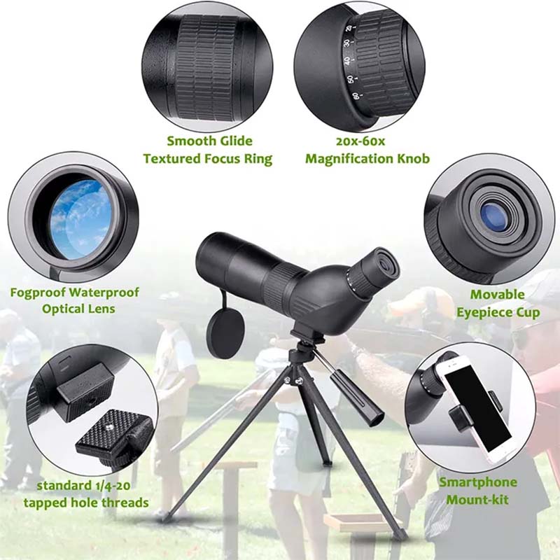 20-60x60 Monocular Telescope, High Power Zoom Scope With Bak4 Prism, Waterproof Anti Fog For Bird Watching, Camping, Travel And Phone Photography
