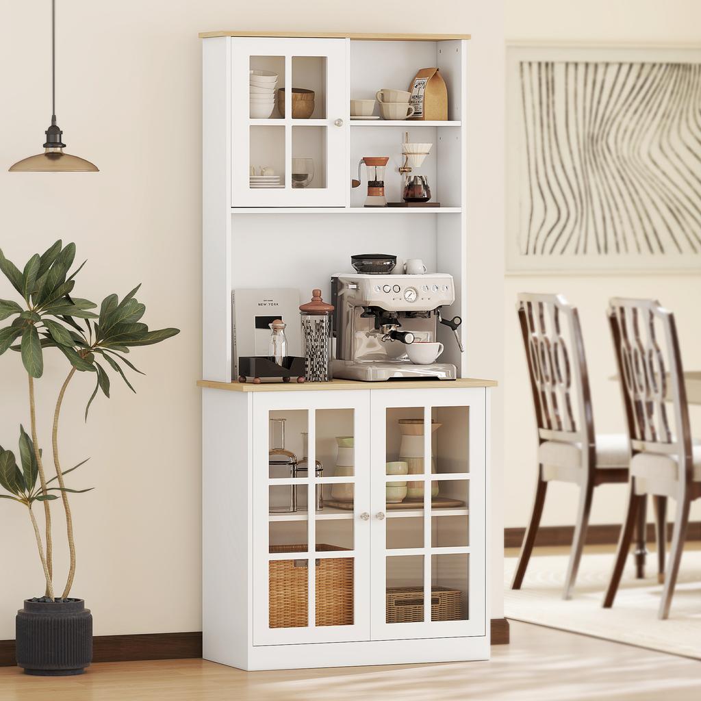 Freestanding Kitchen Cupboard, Storage Cabinet with Doors and Adjustable Shelves, Counter Top, Grid Glass Doors, 80L x 37W x 183H cm - White