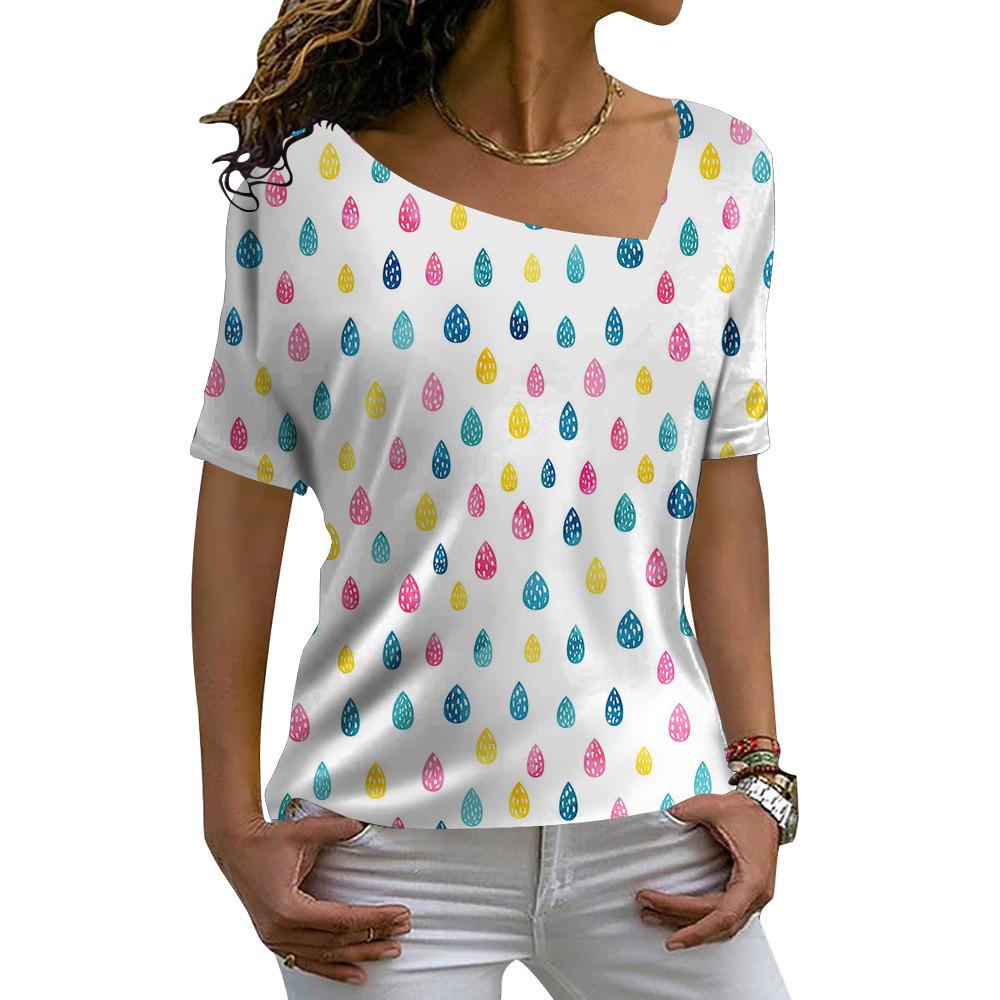 V-Ausschnitt Diagonalkragen Damen Kurzarm Mode Lässig Locker Pullover T-Shirts Sommer 3D Floral Bedrucktes T-Shirt Für Damen