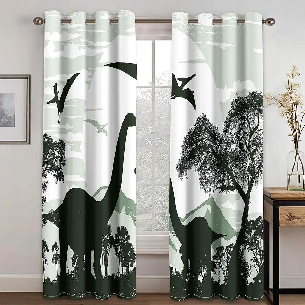 2 Pieces Cartoon Cute Dinosaur Polyester Fabric Cloth Curtain for Living Room Bedroom Nursery Room Kindergarten Free Shipping