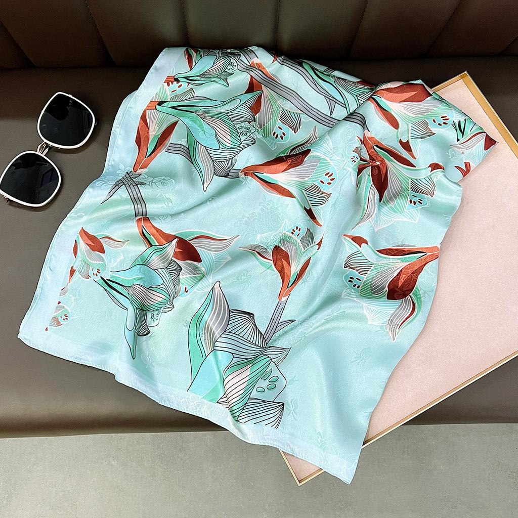 Spring and Autumn Flowers 91 Silk Scarf Square Scarf Women's Neck Protection Thin Fashion Foreign Style Scarf Summer Travel Beach Scarf