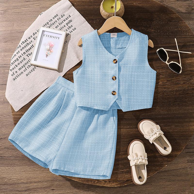 

Children s Fashion Sleeveless Vest and Shorts Set, Autumn Girls Casual Casual Suit 170cm=12Y небо синє кольору