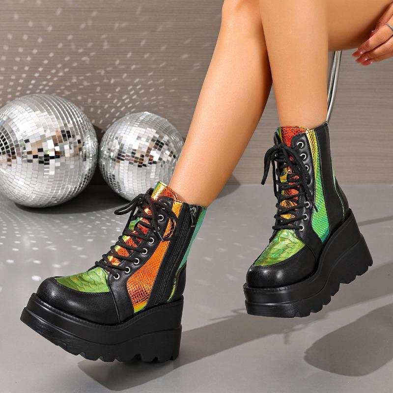 Fashion Inside Booties Autumn New Round Toe Lace-Up Front Side Zipper Platform Anti-Slip Wear-Resistant Wedge Shoes