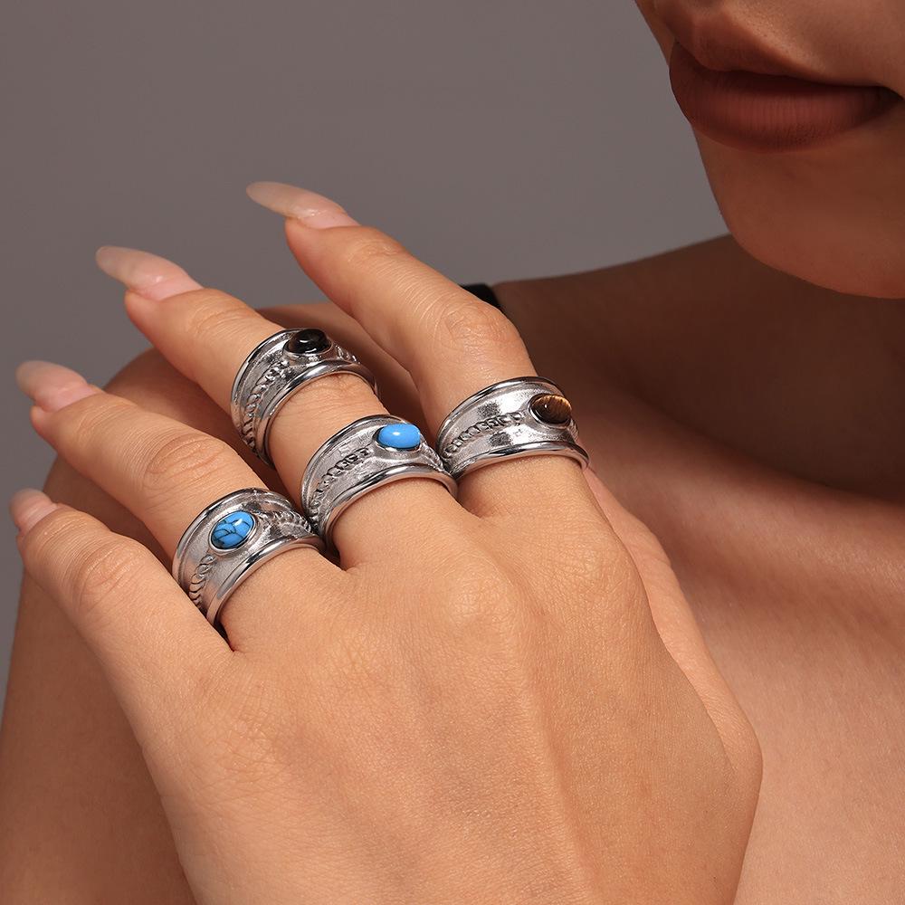 Mili Blue Turquoise Tiger Eye Stone Twist Pattern Stainless Steel Ring for Women, PVD Gold-Plated, Pinky Ring, In Stock