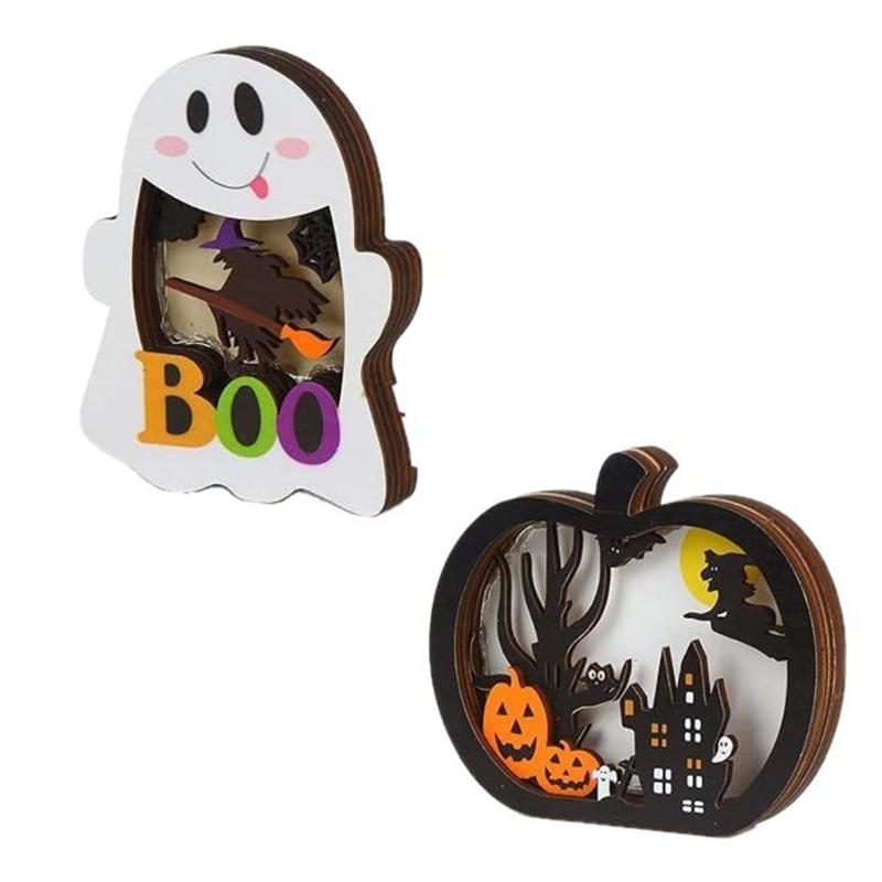 2Pcs Wooden Ghostly Pumpkin Night Light Halloween Wood LED Lamp Desk Decoration For Mantels Tabletop Holiday Decoration