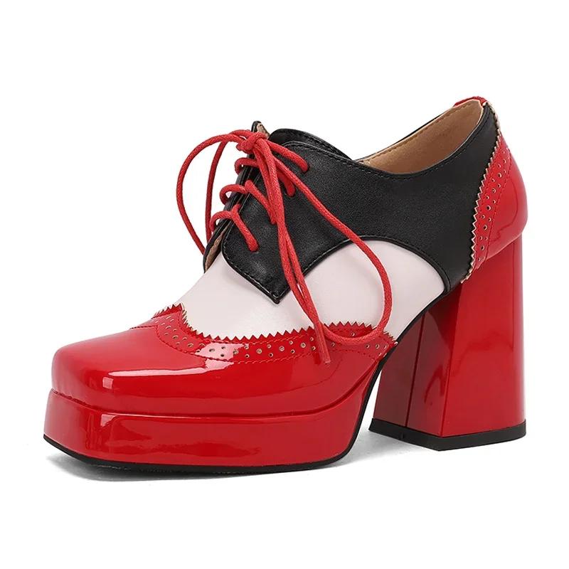Fashion Red British Women Mixed Color Derbies Women High Thick Heels Pink Silver Oxfords Party Shoes Lace-up Square Toe Platform Brogues
