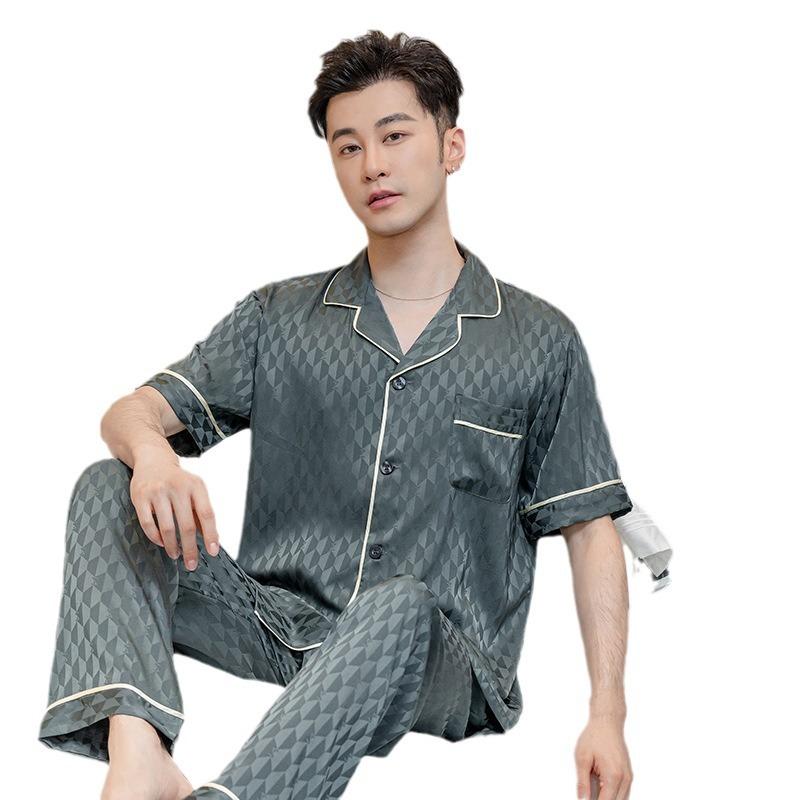 Pajamas Men's Summer Ice Silk Short-sleeved Trousers and Shorts Three-piece Set Jacquard High-end Spring, Autumn and Summer Loungewear Set