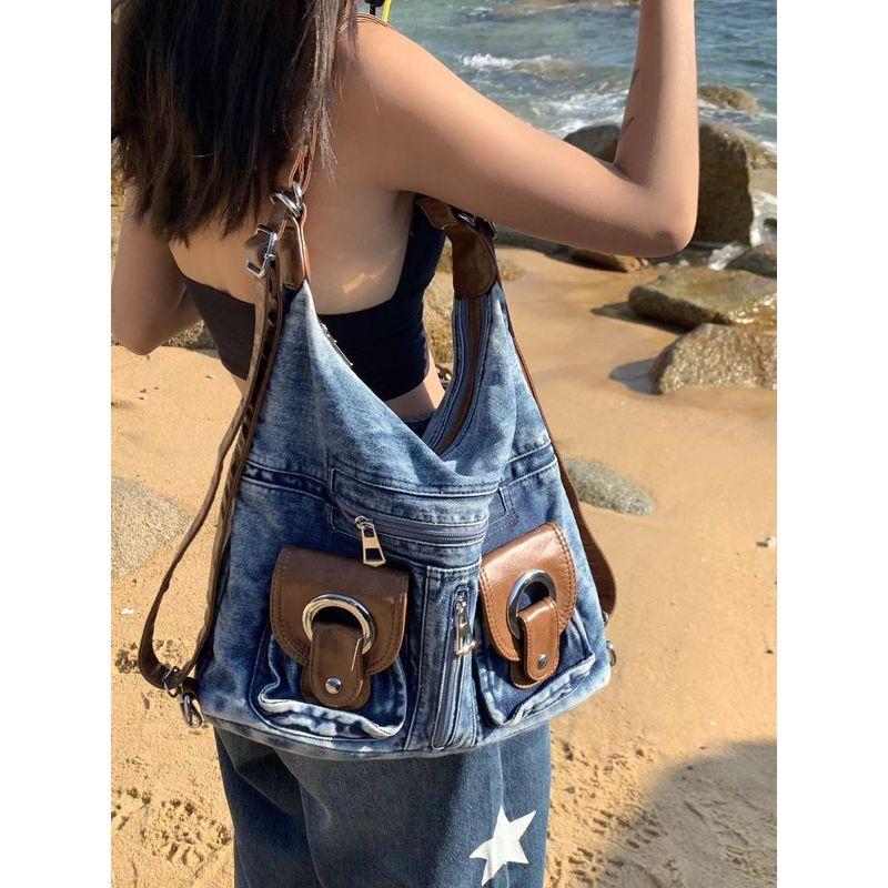 

Ameenka Retro Three-Purpose Washed Denim Bag Large Capacity Versatile Shoulder Bag Work Clothing Crossbody Backpack Women Cowboy Blue