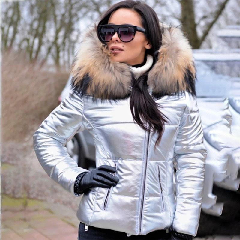 Women's Hooded Shiny Puffer Jacket with Big Fur Collar Winter Coat
