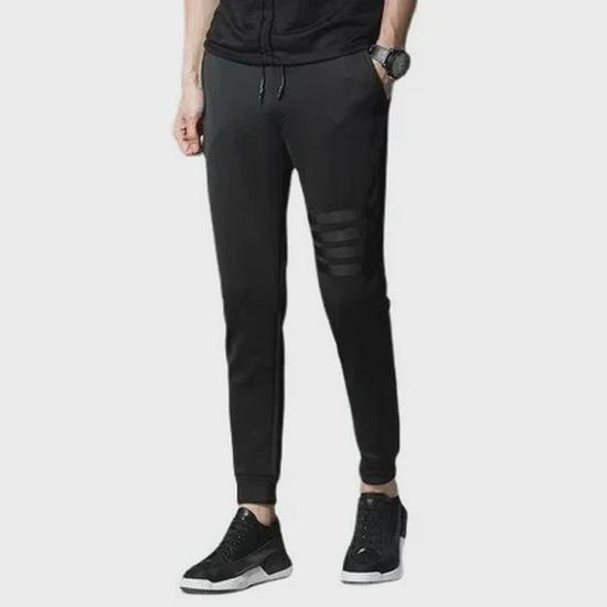 Men's Black Mid-Waist Striped Stretch Trousers with Velvet - Casual Autumn/Winter Loose Fit Jeans for Teens