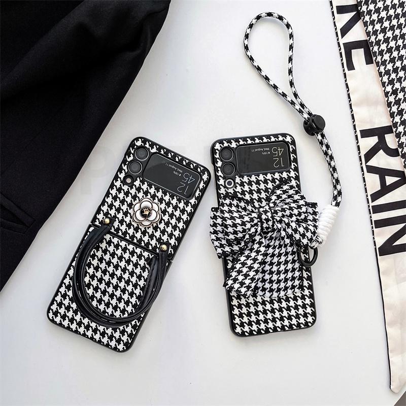 Braccialetto Nodo Carino Cavo Custodia Telefono Per Samsung Galaxy Z Flip 4 Flip4 Braccialetto Pied-de-poule Copertura Fiore di Camelia Per Zflip4