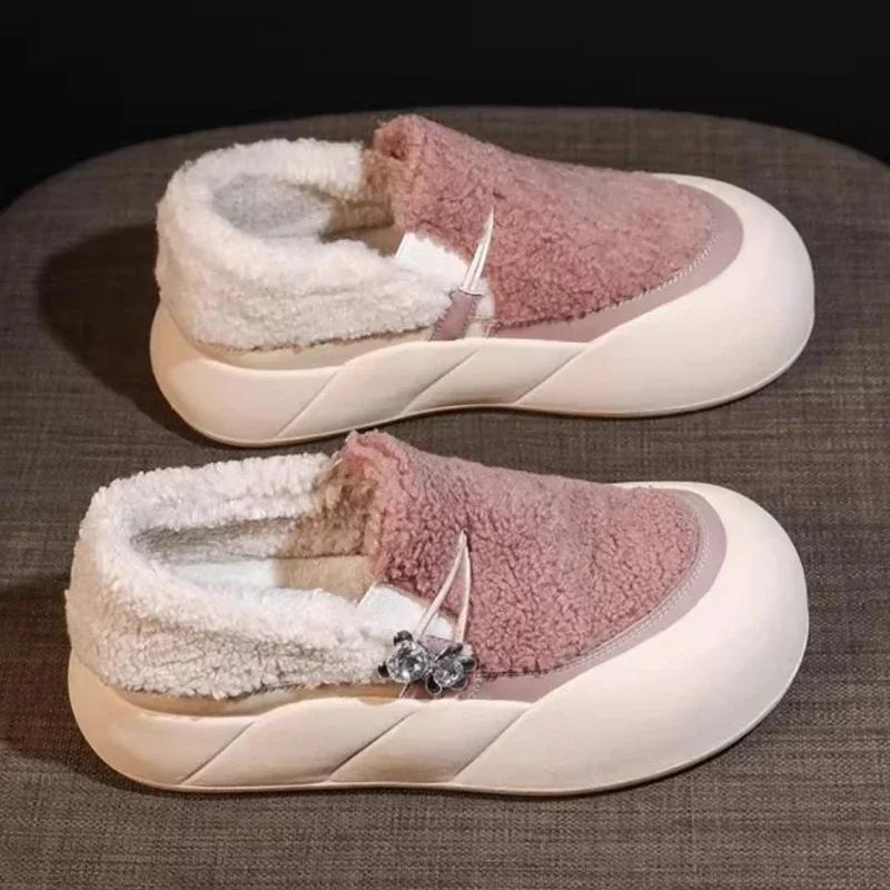 fashion Warm Flats Cotton Sneakers Short Plush Slip-On Platform Shoes for Women Casual Vulcanized Flats Shoes Zapatos De Mujer 2024