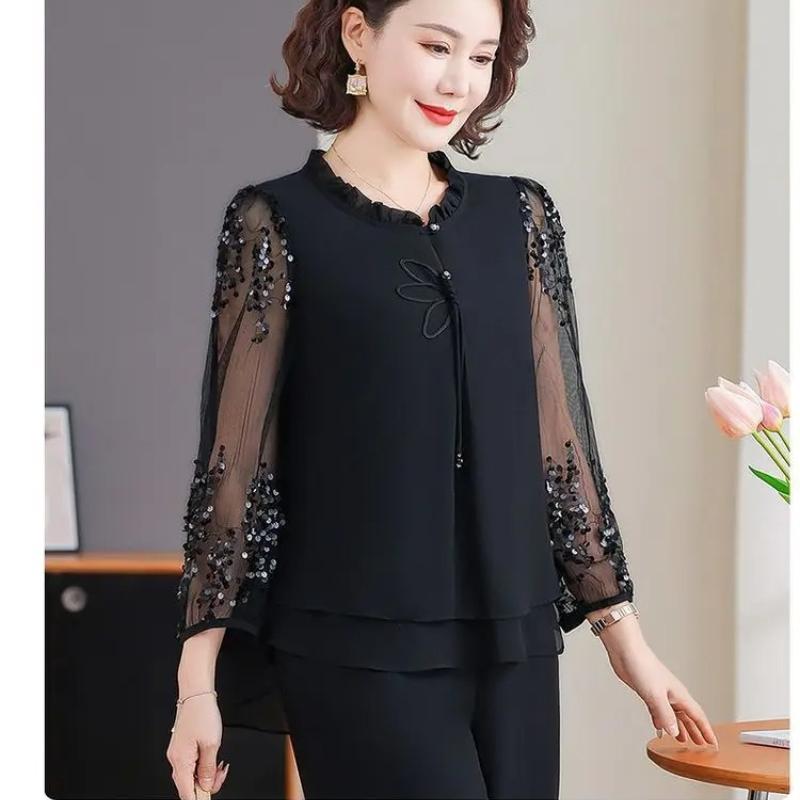 Set de ținută de primăvară pentru mamă, Top elegant pentru tineri, Set de vară din două piese pentru femei de vârstă mijlocie și în vârstă