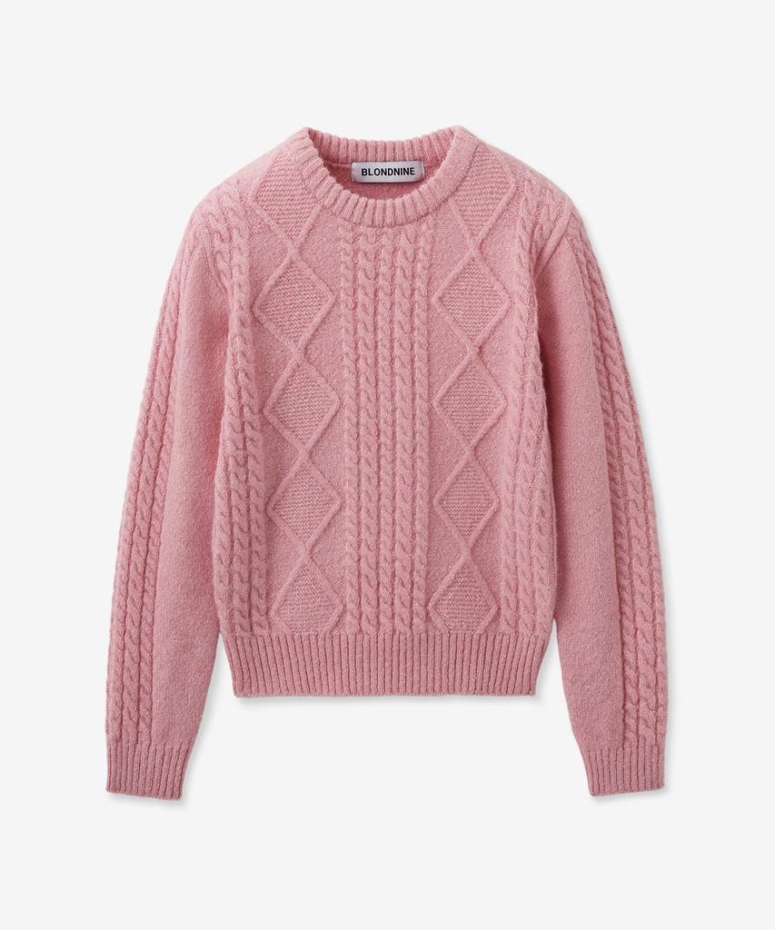 BLOND9 Fisherman Cable Wool Knit Sweater_Pink Rose
