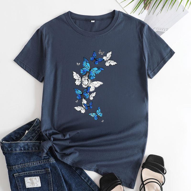 Summer Round Neck Fluttering Butterfly Pattern Printed Top Fashionable Casual Short Sleeved Women's Pure Cotton T-shirts