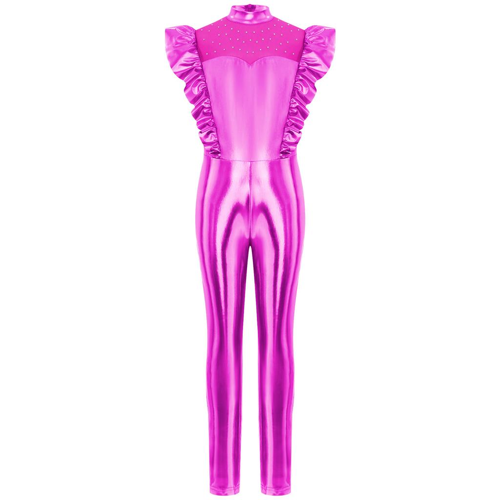 Girls Metallic Gloss Alien Cosplay Jumpsuit Ruffled Flying Sleeve Patchwork Back Invisible Zipper Leotard