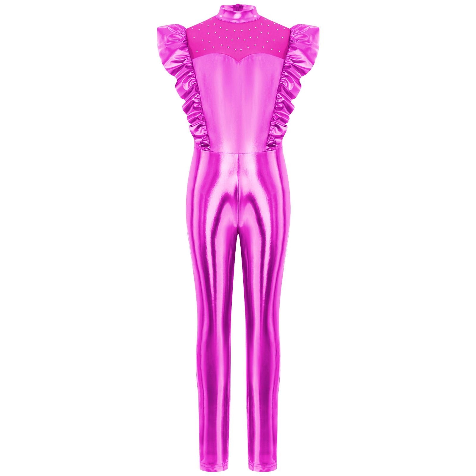 

Girls Metallic Gloss Alien Cosplay Jumpsuit Ruffled Flying Sleeve Patchwork Back Invisible Zipper Leotard 5-6 Years