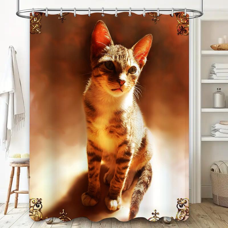 Luxury Printed Shower Curtains 3D Waterproof Cat Bath Mats Decorative Shower Curtains for Bathroom Orange Red Color (245x180cm)