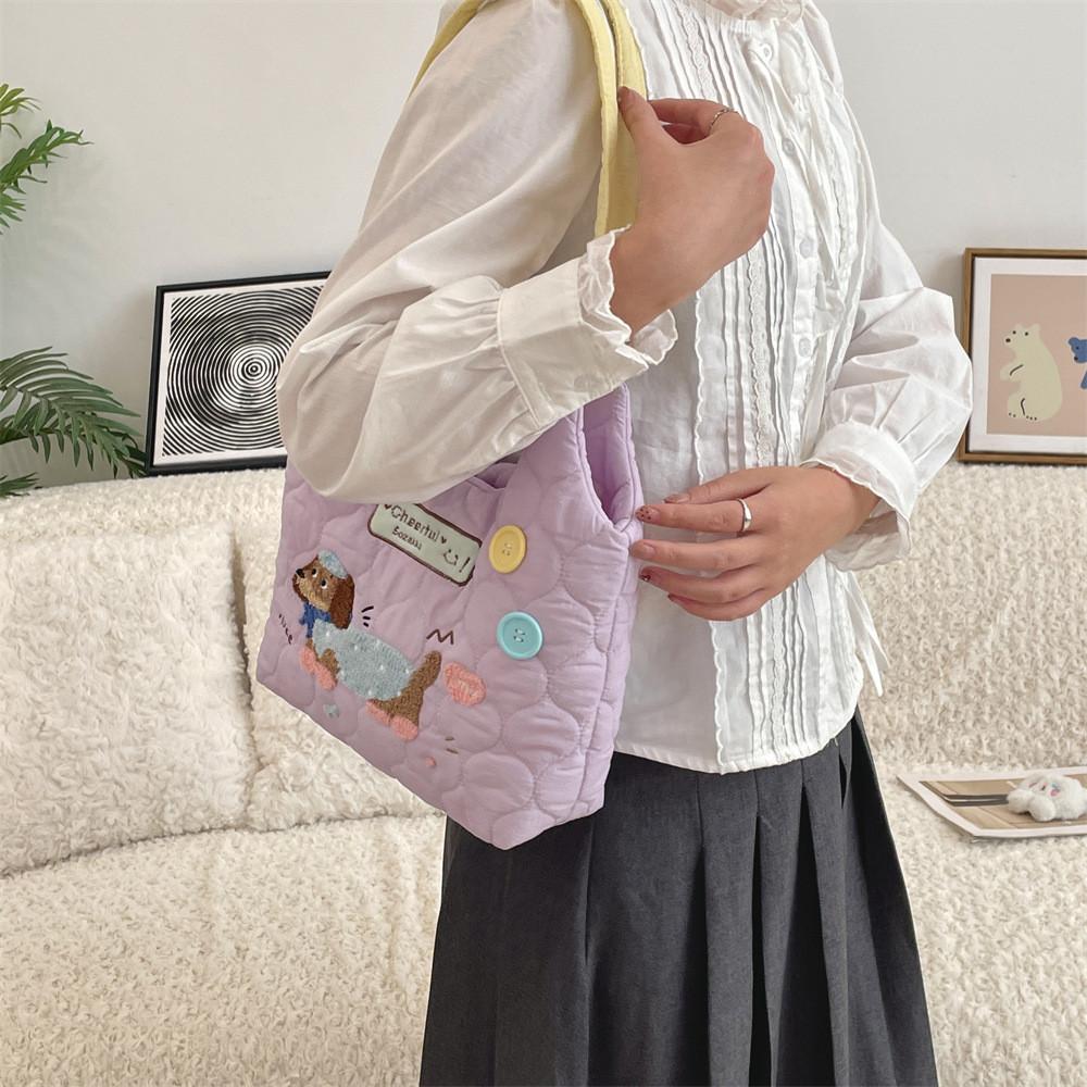 Trendy Street Style Student Tote Bag With Cute Embroidered Dog In Beautiful Hues