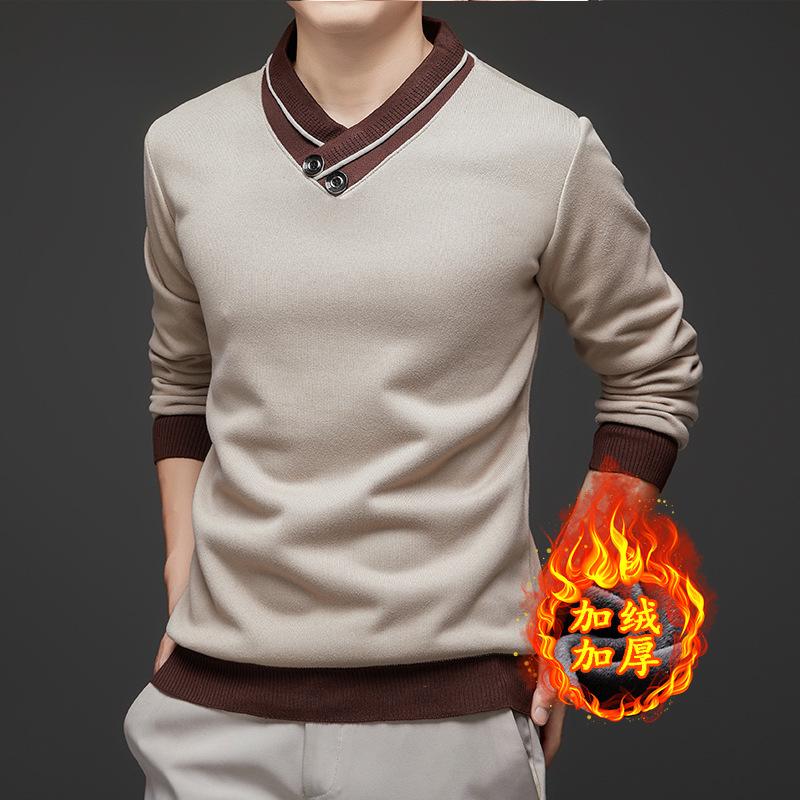 

Мужской флис с подкладкой, утолщенный трикотаж, осень-зима, новый базовый слой с длинным рукавом, свитер с воротником-шарфом, приятный для кожи, универсальный топ 4XL хаки