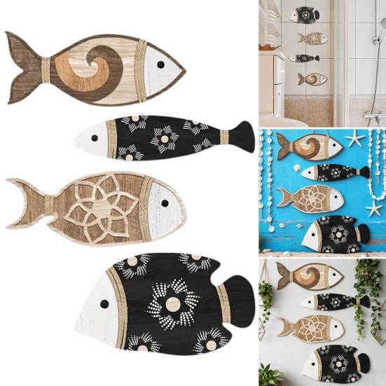 4Pcs/Set Nautical Wooden Fish Wall Decoration Farmhouse Rustic Fish Wall Art Sculpture Home Living Room Bathroom Wall Decorative Sign