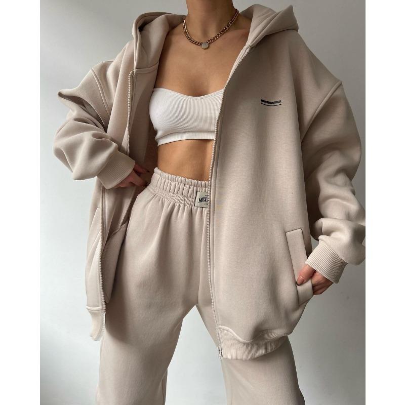 Damen Langarm Fleece Bedrucktes Kapuzensweatshirt und Lässige Hose Zweiteiliges Set