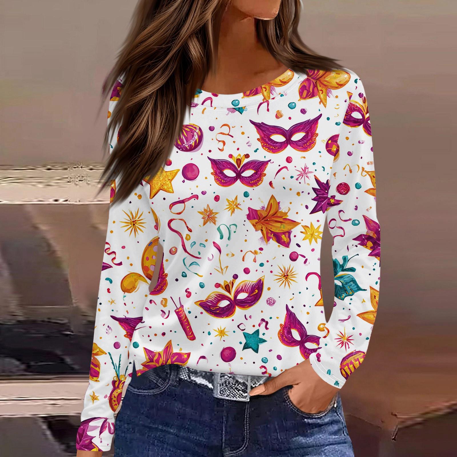 

Women s Fashionable Carnival Print Round Neck Long Sleeve Top With Slit Hem XL білий