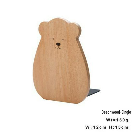 Solid Wood Little Bear Bookend Rack: Thickened Bookshelf & File Holder for Desktop Storage.