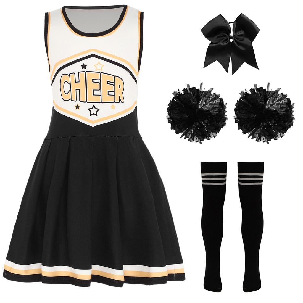 Vestito Completo Cheerleader per Ragazze Senza Maniche Gonna Pieghettata Stampa Lettere Fiori Pompom Accessori per Capelli Calzini a Tubo a Righe Costume Completo