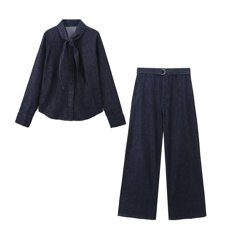 Kaslead New Arrival Women's Fashion Style Bowknot Decoration Denim Shirt Pants 6840268 6840269