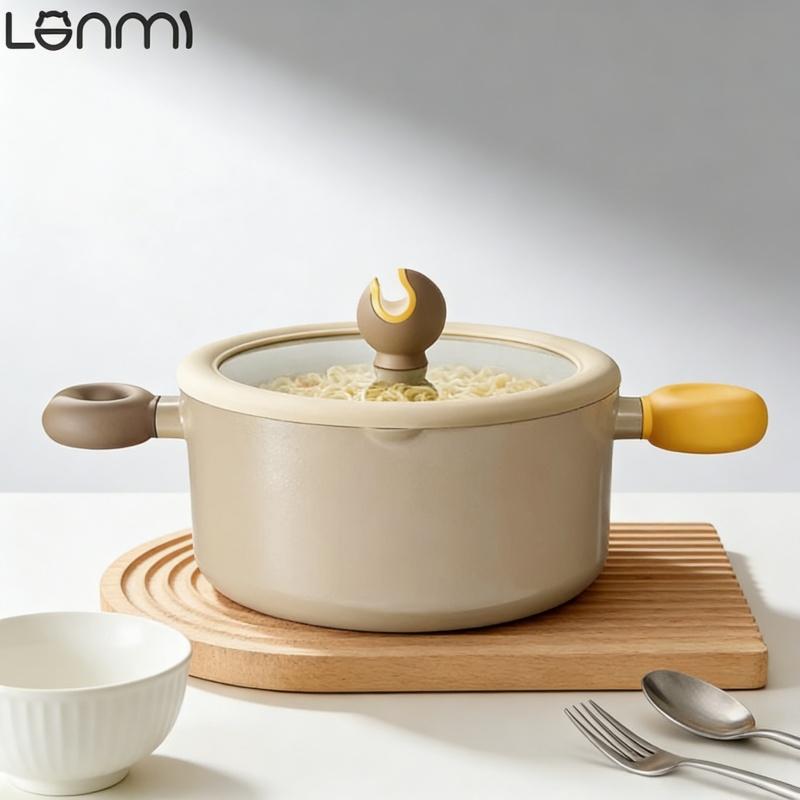 LANMI 22CM Non-stick Double Ear Instant Noodle Stew Pot Medical Stone Coated Soup Pot with Visible Glass Cover Kitchen Cookware
