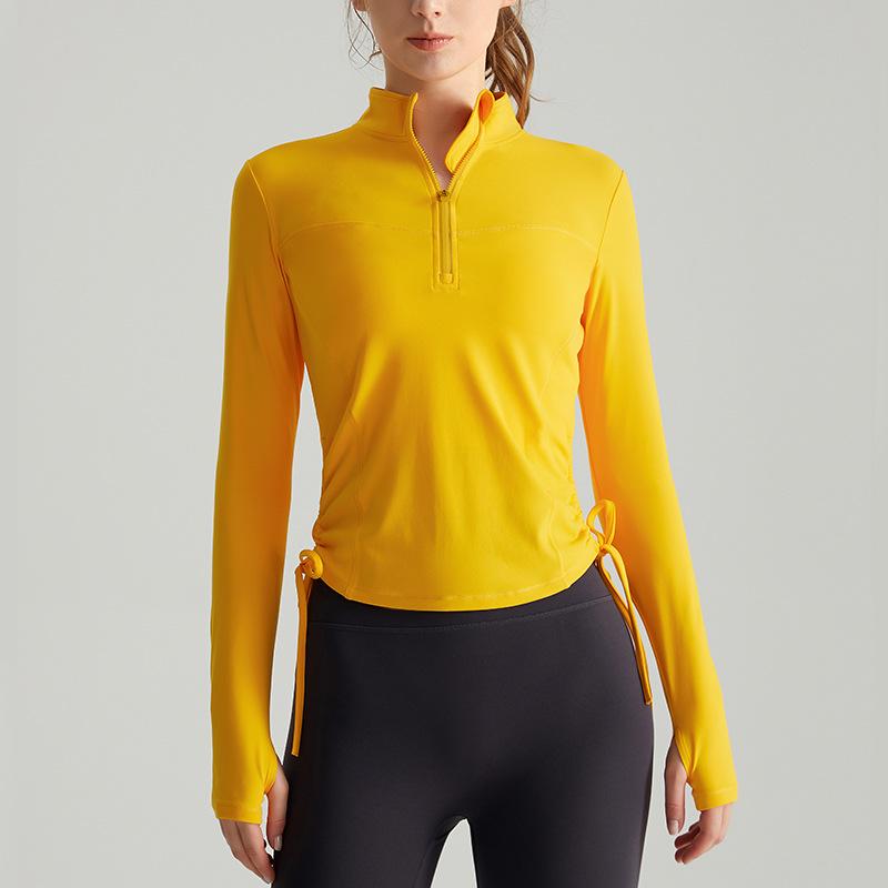 Chuandun Top da Yoga Slim a Maniche Lunghe da Donna Autunno Inverno con Collo Alto Mezza Zip e Pieghe Coulisse
