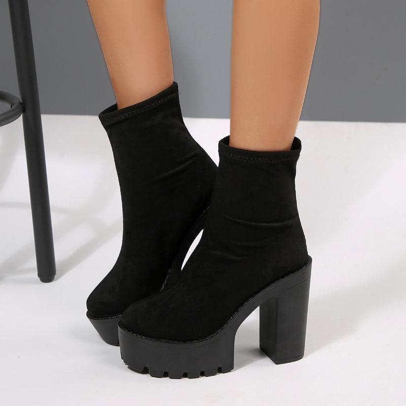 Plus Size High Heeled Fashion Boots Women's Autumn New Round Toe Suede Sleek Platform Skinny Booties