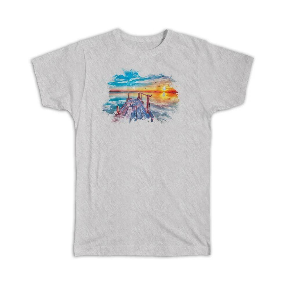 Gift T-Shirt : Watercolor Scenary Sunset Wood Bridge Frame L