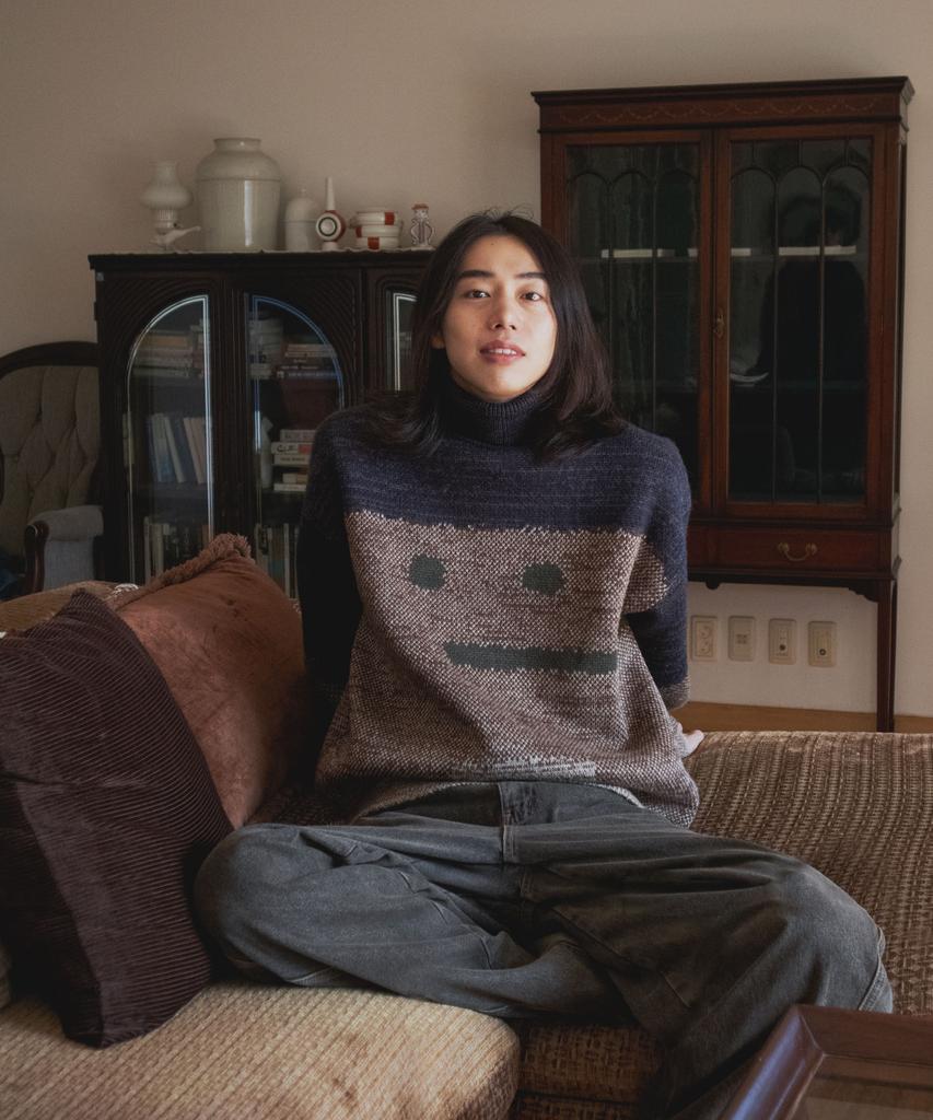 GROUNDWORK Square Man Turtleneck Knit Sweater / Navy Brown Mix