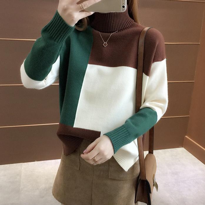 Fall/Winter Women Turtleneck Sweater Loose Color-Block Thick Pullover Knitwear Stretch Long-sleeved Split Knit Top Jumper Outwear