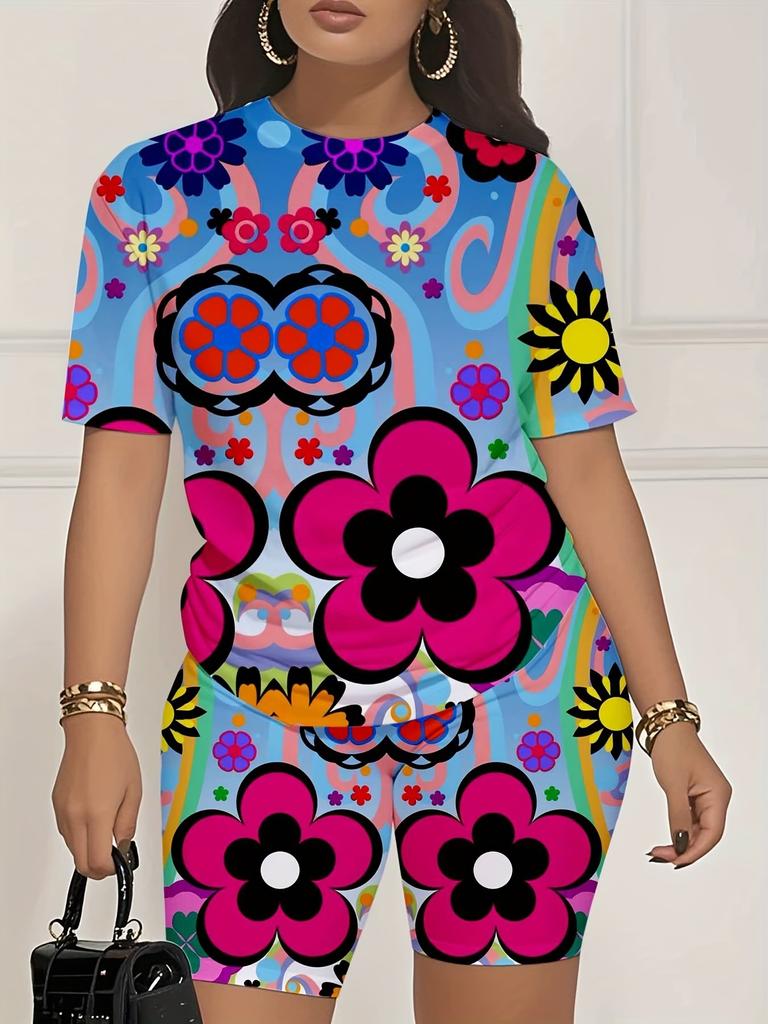 Skull Head 1116 Summer New Versatile Abstract Printed Women's Clothing Suit European and American Women's Clothing Daily Short Sleeve Shorts