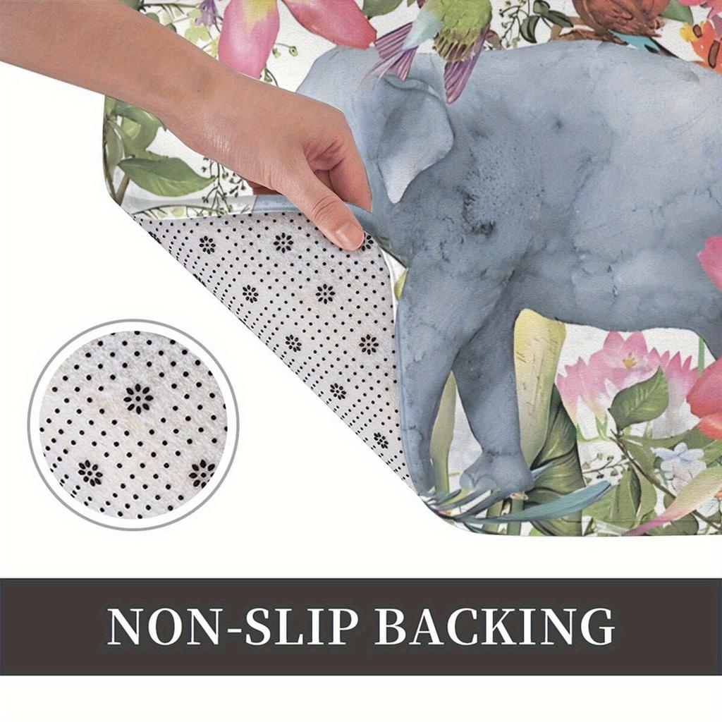 1pc Elephant Floral Jungle Plant Garden Doormat- Machine Washable, Lightweight Polyester Flannel Rectangular Mat, Suitable for B