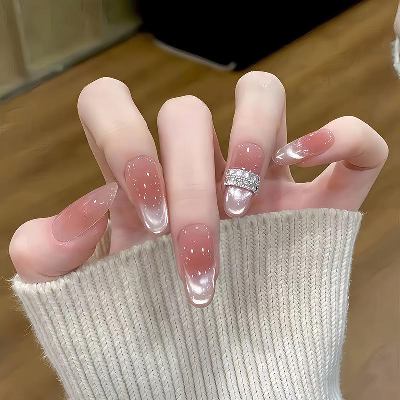 Ice Jade White Tea Nude Cat Eye Nail Art – Blush Brightening Ice Translucent Style, Pure Handmade