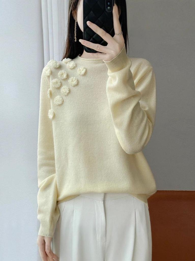 Women's Handmade Pure Wool Sweater - Soft, Fluffy, Versatile with Half-High Collar for Autumn and Winter
