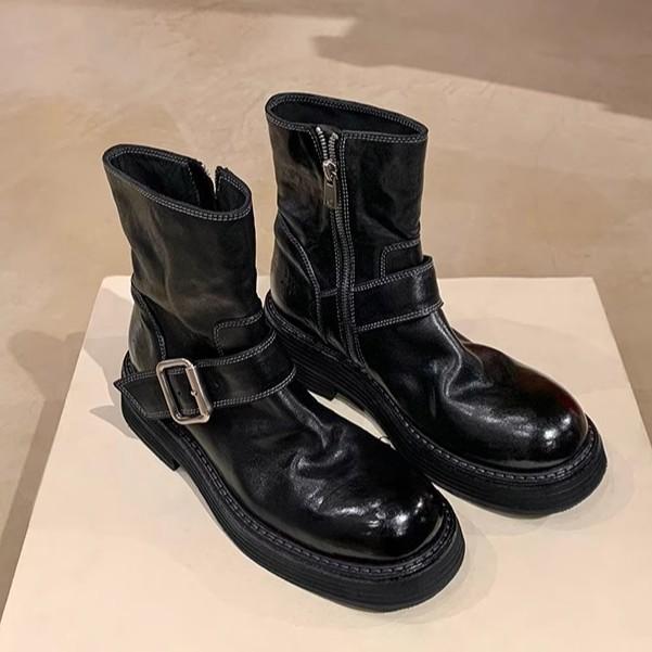 

Grape mother king fried is coming~ autumn and winter new washed shrinkage horse leather side zipper belt buckle locomotive short boots female horse 40