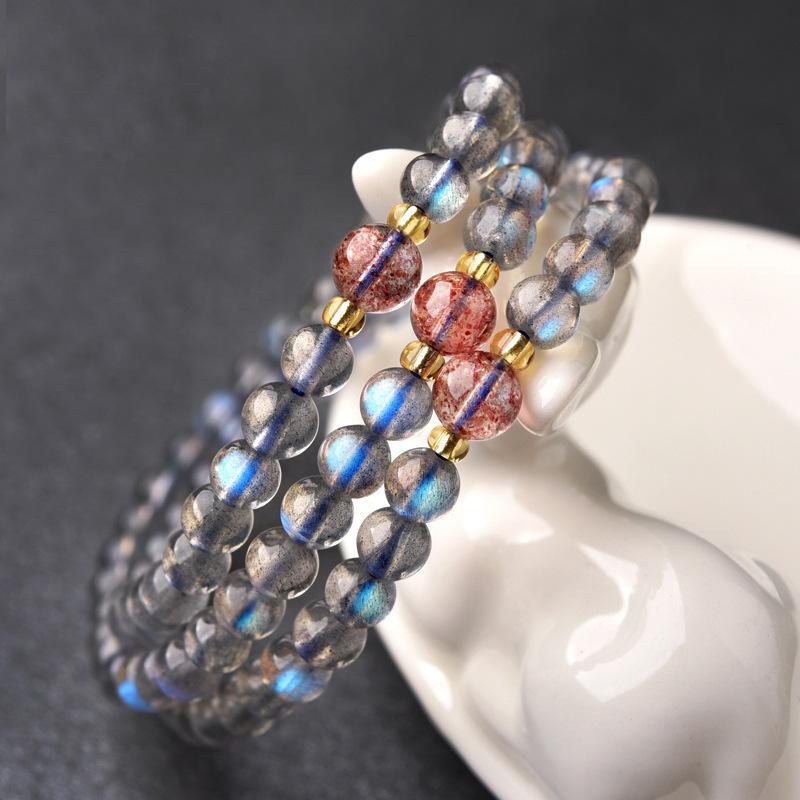 Natural Blue Moonstone Bracelet for Women Paired with Clear Strawberry Crystal Bracelet, Fashionable and Simple Crystal Bracelet for Girls