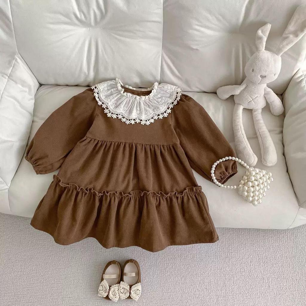 2025 Spring & Autumn Girls' French Court Embroidery Dress - Baby Girl Lapel Lace Long Sleeve Princess Dress