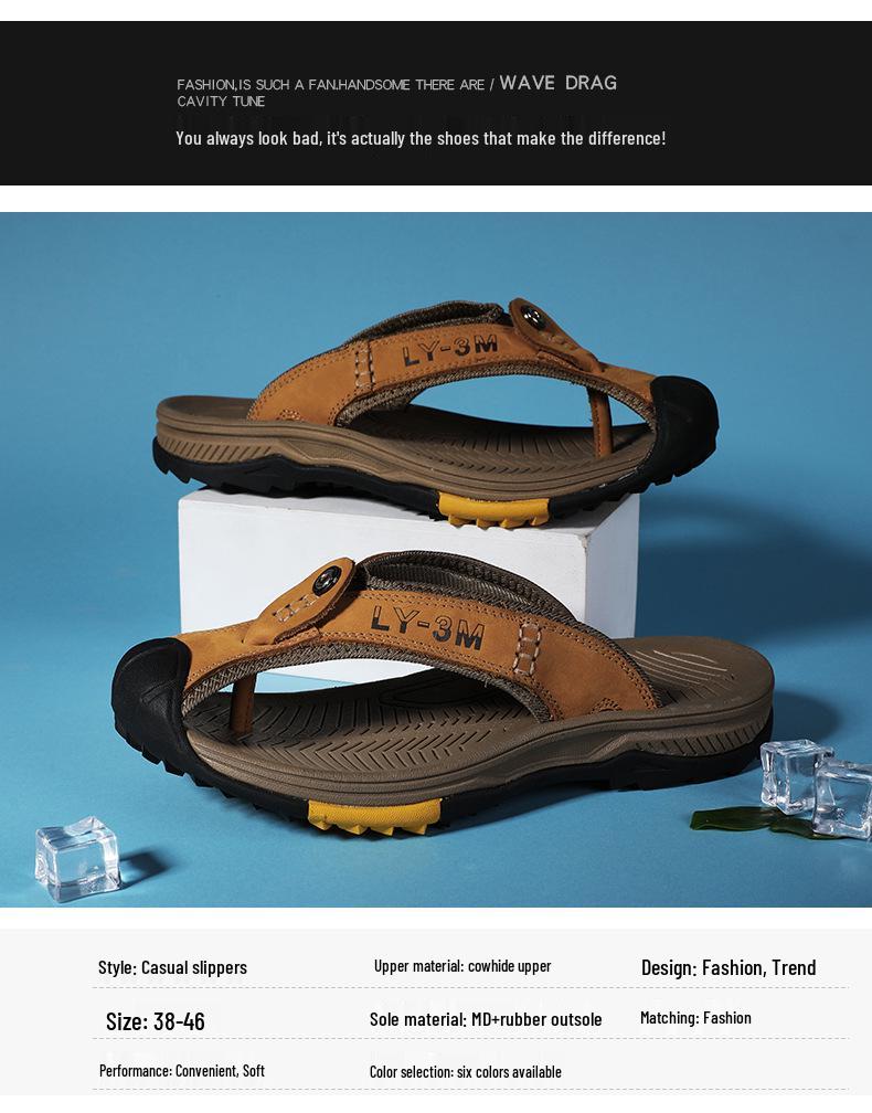 2025 Men's Plus Size Cowhide Toe-Loop Flip-Flops: Lightweight Retro Beach & Casual Thick Sole Sandals