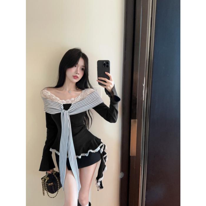 

Threaded Plush Korean Spicy Style Lace-up Long Sleeve T-shirt for Women - Autumn/Winter Design Medium темно-синий