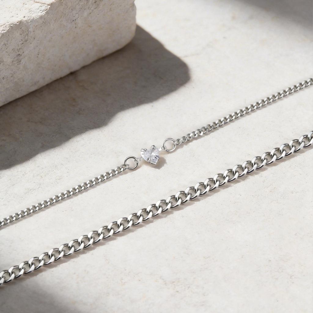 2Pcs Matching Couple Bracelets Set for Couple, Cuban Link Chain Heart Cubic Zirconia, Adjustable Stainless Steel Tarnish-Free