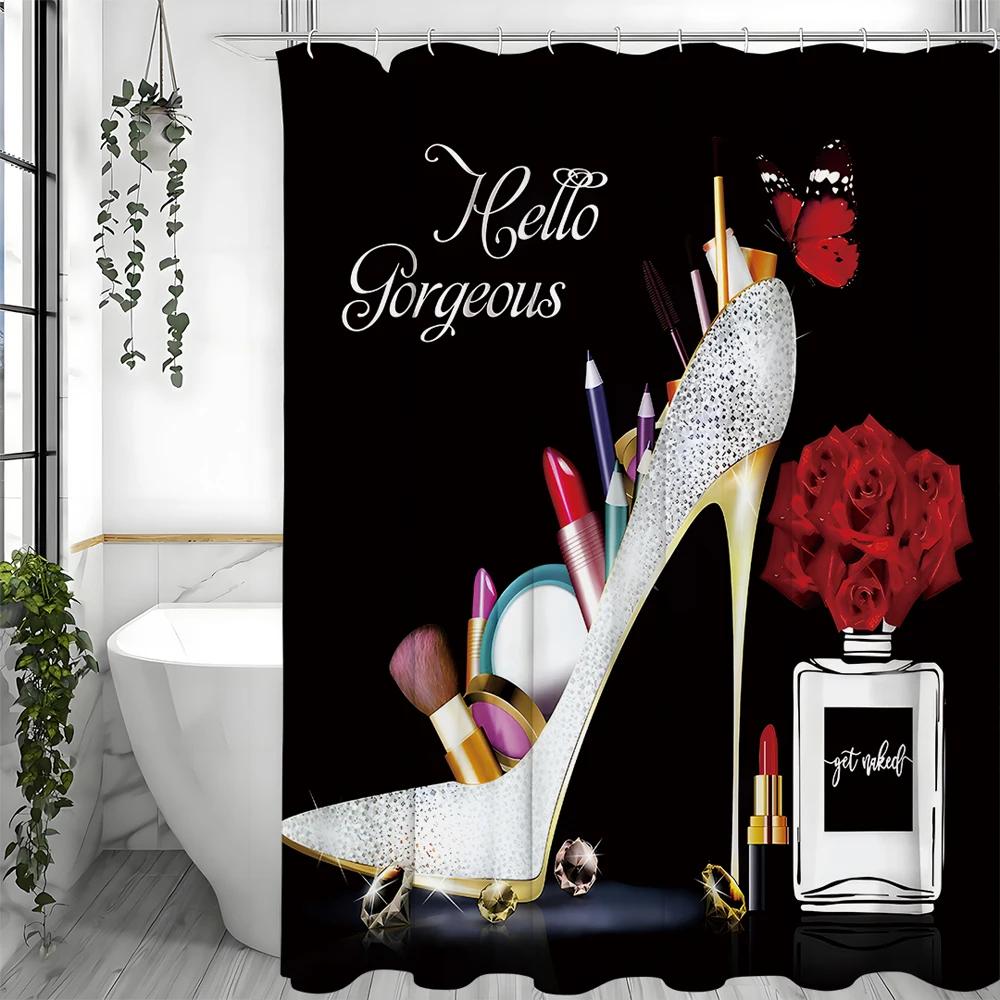Silver Heels Cosmetic Floral Perfumed Shower Curtain, Bathroom Decorative Shower Curtain, Waterproof Shower Curtain with Hooks
