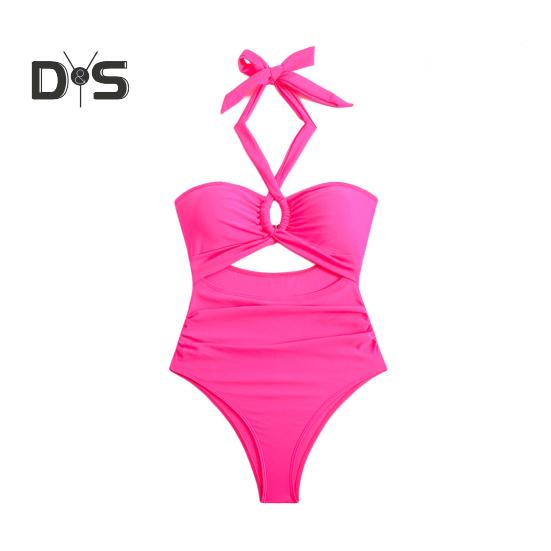 Women Monokini Padded Underwire Solid Color Halter One-Piece Bikini with Hollow Design Beach Vacation Swimwear