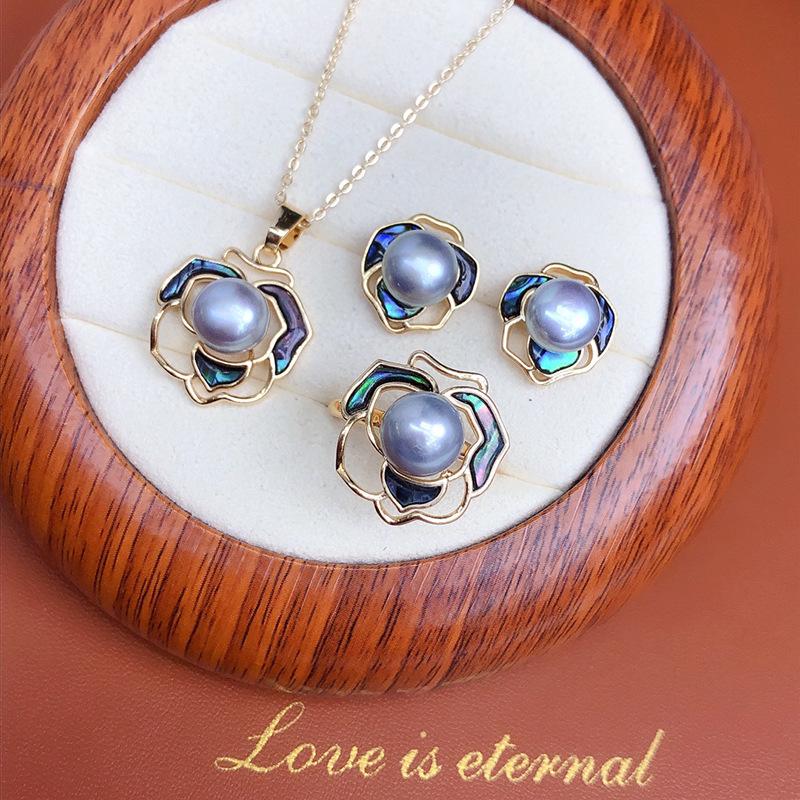 Exquisite Freshwater Pearl & Abalone Shell Jewelry Set: Earring, Ring, Pendant - Camellia Design